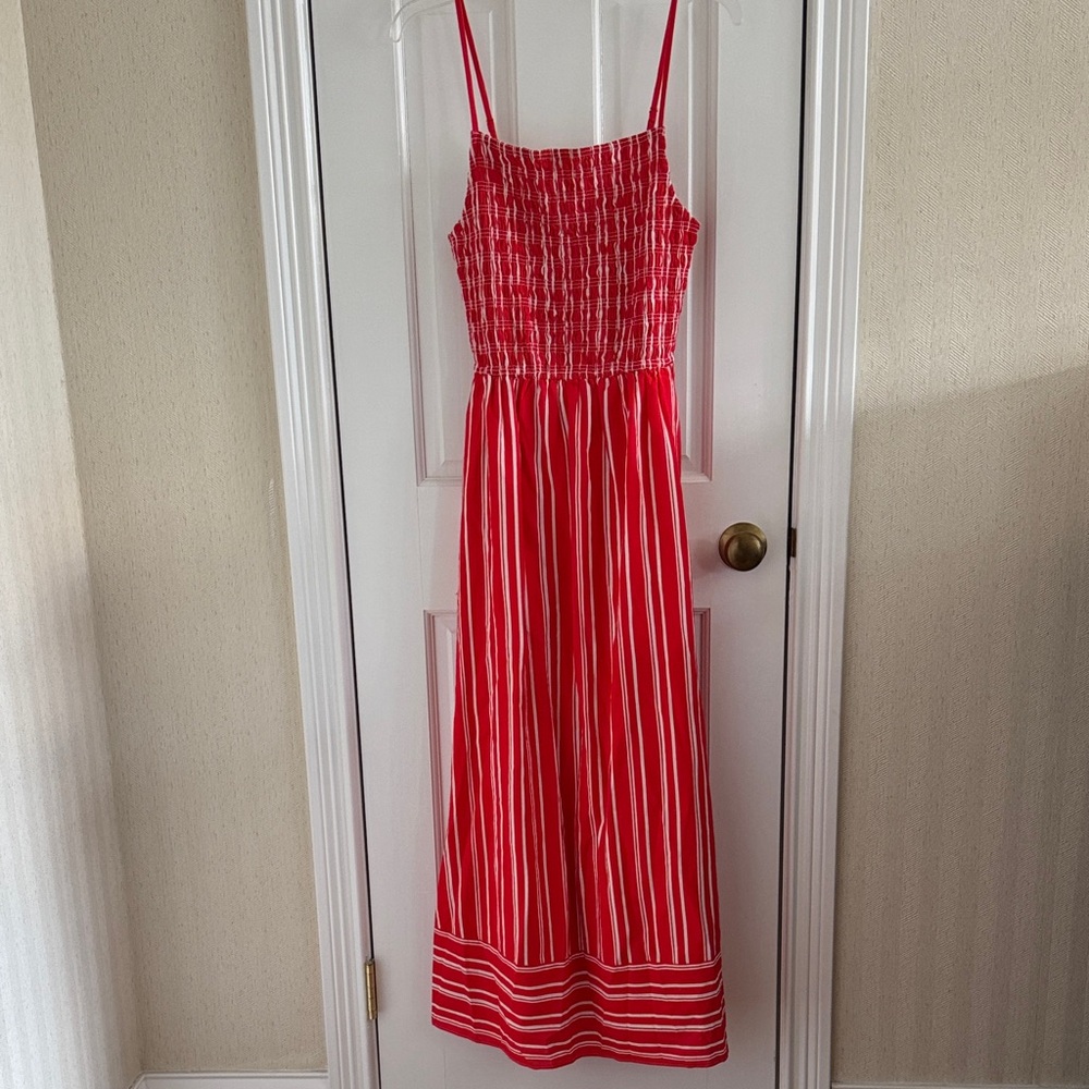 Red and White Striped Smocked Maxi Dress